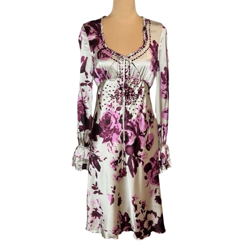 Floral Satin Midi Dress in Lavender and White